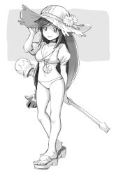 1girl alternate_costume arm_behind_back bikini black_choker border breasts choker cleavage crop_top crystal dede_(qwea_00000) final_fantasy final_fantasy_ix flower full_body garnet_til_alexandros_xvii grey_background greyscale hat hat_flower highres holding holding_staff holding_unworn_clothes holding_unworn_hat jewelry long_hair low-tied_long_hair medium_breasts midriff monochrome navel parted_lips pendant puffy_short_sleeves puffy_sleeves sandals short_sleeves smile solo staff straw_hat sun_hat swimsuit unworn_hat unworn_headwear white_border