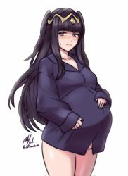 1girl alternate_costume black_hair black_shirt blunt_bangs blush bottomless fire_emblem fire_emblem_awakening hair_ornament highres looking_at_viewer naked_shirt nintendo pregnant purple_eyes rotomdocs shirt signature solo sweatdrop tharja_(fire_emblem) twitter_username two_side_up white_background