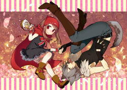1boy 1girl amulet animal_ears bandana basket belt big_bad_wolf black_belt black_gloves black_shirt bloomers blush boots bottle bow brown_hair cape closed_mouth commentary_request dress expressionless fingerless_gloves flower footwear_bow frilled_bow frilled_cuff frilled_dress frills from_side fur_shawl gloves grey_hair grey_pants hand_grab hebino_rai highres holding holding_basket humanization little_red_riding_hood_(fairy_tale) little_red_riding_hood_(fairy_tale_character) long_hair looking_at_viewer medium_hair original pants parted_lips personification petals red_bandana red_bow red_cape red_eyes shawl shirt sleeveless sleeveless_shirt smile tail underwear upside-down white_bloomers wolf_boy wolf_ears wolf_tail wrist_cuffs