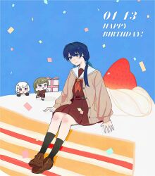 Rule 34 | 3girls, :d, black gloves, black socks, blue background, blue eyes, blue hair, blue ribbon, blush, bob cut, braid, brown cardigan, brown dress, brown hair, brown shoes, cake, cake slice, cardigan, center-flap bangs, cheongseo, chibi, closed mouth, commentary, dated, diagonal bangs, dollchestra, dress, english commentary, food, fruit, full body, gift, gloves, hair ornament, hair ribbon, happy birthday, hasu no sora school uniform, highres, holding, holding gift, inverted bob, kachimachi kosuzu, leg up, link! like! love live!, loafers, long hair, long sleeves, love live!, low twintails, medium dress, mini person, minigirl, mole, mole on neck, multiple girls, murano sayaka, neckerchief, open cardigan, open clothes, open mouth, oversized food, oversized object, pink eyes, pleated dress, red eyes, red neckerchief, ribbon, sailor collar, sailor dress, school uniform, shoes, short hair, side braids, sitting, sitting on food, smile, socks, standing, standing on one leg, star (symbol), star hair ornament, straight hair, strawberry, triangle mouth, twintails, virtual youtuber, white hair, white sailor collar, winter uniform, yugiri tsuzuri