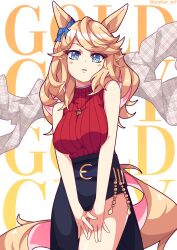 1girl animal_ears bare_shoulders black_skirt blue_bow blue_eyes blush bow character_name commentary cow ear_bow gold_city_(umamusume) highres horse_ears horse_girl horse_tail jacket unworn_jacket jewelry looking_at_viewer necklace official_alternate_costume parted_lips plaid red_sweater scalizo simple_background skirt sleeveless solo sweater tail twitter_username umamusume white_background