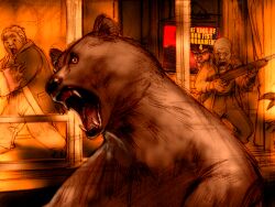 1boy 1girl animal animal_focus bald bear brown_bear controller cup fangs flame_print game_cg gun holding holding_gun holding_weapon kawano_takuji kuma_(tekken) official_art old old_man old_woman open_mouth rifle robe sharp_teeth teeth tekken tekken_4 television weapon white_hair window