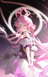 Rule 34 | 1girl, :/, absurdres, arms behind back, bare shoulders, baxi kekewei, dress, feixianji (hairstyle), floating hair, forehead jewel, from side, fu xuan (honkai: star rail), hair ornament, highres, honkai: star rail, honkai (series), long hair, looking at viewer, low twintails, meteor shower, night, night sky, parted bangs, pink hair, short sleeves, sidelighting, sky, solo, twintails, upper body, very long hair, watermark, weibo watermark, white dress, yellow eyes