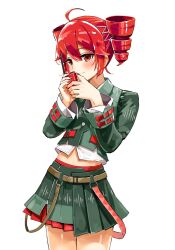 ahoge arms_up belt black_shirt black_skirt blush brown_belt buttons cowboy_shot drill_hair fingernails flat_chest hair_between_eyes highres kasane_teto kasane_teto_(voicepeak) layered_skirt long_sleeves mp777b pleated_skirt red_belt red_eyes red_hair red_nails red_skirt shirt simple_background skirt smile twin_drills utau voicepeak walkie-talkie white_background