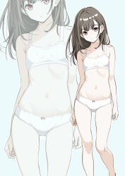 1girl absurdres bare_arms black_hair bra breasts brown_eyes closed_mouth commentary_request green_background highres long_hair looking_at_viewer midriff moonsorrow navel original panties sidelocks simple_background small_breasts standing training_bra underwear underwear_only white_bra white_panties zoom_layer