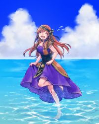 1girl barefoot bird breasts chrono_cross closed_eyes clothes_lift cloud dress dress_lift full_body hairband highres leena_(chrono_cross) long_hair michibata_65 ocean open_mouth red_hair skirt_hold smile solo wading