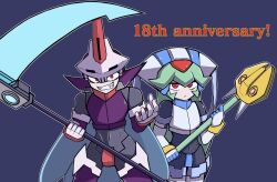 Rule 34 | 1boy, 1girl, anniversary, armor, blue background, blue hair, brother and sister, cowboy shot, crotch plate, energy blade, english text, forehead jewel, green hair, helmet, highres, holding, holding scythe, long hair, mega man (series), mega man zx, model w (mega man), pandora (mega man), prometheus (mega man), purple armor, red eyes, san tsubaki, scythe, siblings, simple background, skull-shaped hat, staff, white armor, white helmet