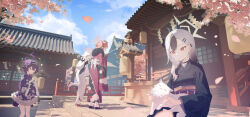 Rule 34 | 4girls, absurdres, architecture, aru (blue archive), aru (new year) (blue archive), back bow, black gloves, black hair, black kimono, blue archive, bow, cat, cherry blossoms, chiyo akira, closed eyes, closed mouth, covering own mouth, demon girl, demon horns, ear piercing, east asian architecture, floral print, floral print kimono, flower, fur collar, gloves, grey halo, hair behind ear, hair between eyes, hair bun, hair flower, hair ornament, hairband, halo, haruka (blue archive), haruka (new year) (blue archive), highres, horns, japanese clothes, kayoko (blue archive), kayoko (new year) (blue archive), kimono, long hair, looking at animal, looking at another, multiple girls, mutsuki (blue archive), mutsuki (new year) (blue archive), obi, official alternate costume, official alternate hairstyle, open mouth, own hands together, petting, piercing, praying, print kimono, problem solver 68 (blue archive), purple eyes, purple flower, purple hair, purple hairband, purple halo, purple kimono, purple sash, red halo, red kimono, sandals, sash, see-through clothes, see-through gloves, short kimono, sitting, smile, socks, temple, white bow, white flower, white hair, white kimono, white sash, white socks, wide sleeves