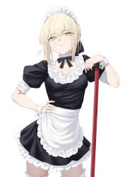 1girl absurdres artoria_pendragon_(fate) black_dress blonde_hair breasts dress fate/stay_night fate_(series) highres looking_at_viewer maid maid_headdress medium_breasts medium_hair mop okuma707 saber_alter sidelocks solo yellow_eyes