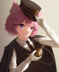 1girl :3 adjusting_clothes adjusting_headwear animal_ears black_hat black_jacket black_necktie black_vest blurry_border cat_ears cat_girl collared_shirt commentary conductor english_commentary gloves grey_background hand_up hat highres holding holding_pocket_watch indie_virtual_youtuber jacket jacket_on_shoulders light_particles looking_at_viewer necktie numanoan nyatasha_nyanners pink_hair pocket_watch purple_eyes shirt short_hair smile solo upper_body vest virtual_youtuber watch white_gloves white_shirt