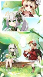 ... 2girls :o absurdres backpack bag bag_charm blonde_hair bloomers blurry blurry_foreground blush boots bow brown_bag brown_footwear brown_gloves cabbie_hat cape charm_(object) closed_mouth clover_print coat commentary_request cross-shaped_pupils day detached_sleeves dodoco_(genshin_impact) dress eye_contact eyelashes fungi_(genshin_impact) gem genshin_impact gloves gold_trim gradient_hair grass green_cape green_dress green_eyes green_gemstone green_hair green_sleeves hair_between_eyes hair_ornament hat hat_feather highres holding jumpy_dumpty klee_(genshin_impact) leaf leaf_hair_ornament log long_hair long_sleeves looking_at_another low_twintails multicolored_hair multiple_girls multiple_views mushroom nahida_(genshin_impact) notice_lines outdoors parted_lips plant pocket pointy_ears pom_pom_(clothes) profile randoseru red_coat red_eyes red_hat short_sleeves side_ponytail sidelocks sitting sitting_on_log sleeveless sleeveless_dress socks speech_bubble spoken_ellipsis standing streaked_hair sweatdrop symbol-shaped_pupils twintails underwear usako_(usako1031) white_bloomers white_bow white_dress white_hair white_socks