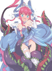 1girl @_@ blade_(galaxist) blue_dress blue_eyes blue_leotard blush breasts crown dress elbow_gloves elizabeth_bathory_(cinderella)_(fate) elizabeth_bathory_(fate) fang fate/grand_order fate_(series) gloves hands_up horns imminent_rape leotard open_mouth pink_hair pointy_ears sea_demon simple_background small_breasts solo strapless strapless_leotard tail tears tentacle_pit tentacles thighhighs vore white_background white_gloves white_thighhighs
