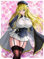 1girl ascot azur_lane black_cape black_thighhighs blonde_hair blue_eyes bra_visible_through_clothes braid breasts cape commentary_request fake_horns framed_breasts garter_straps gloves gradient_background hisin horns kongou_(azur_lane) large_breasts long_hair long_sleeves looking_at_viewer military miniskirt pink_background sakura_empire_(emblem) signature skirt smile solo thighhighs very_long_hair white_ascot white_gloves white_skirt