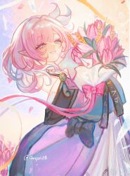 Rule 34 | 1girl, absurdres, blue eyes, bouquet, chiyori08, coat, commentary, cyrene (honkai: star rail), english commentary, falling petals, field, flower, flower field, hair ornament, hashtag-only commentary, highres, holding, holding bouquet, honkai: star rail, honkai (series), medium hair, multicolored hair, parted lips, petals, pink flower, pink tulip, pointy ears, purple coat, smile, solo, tulip, twitter username, two-tone hair, white hair