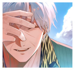1boy akagi_shigeru animal_print blue_sky border closed_eyes cloud commentary_request day fukumoto_mahjong highres male_focus niwatori_panda old old_man open_mouth outdoors print_shirt shirt short_hair sky smile solo ten_(manga) tiger_print upper_body white_border white_hair