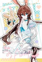 1girl absurdres alternate_costume amiya_(arknights) animal_ears arknights artist_name blue_eyes buqiyong character_name crossed_bangs dress hair_between_eyes highres jewelry long_hair looking_at_viewer miniso multiple_rings neck_ring open_mouth ponytail puffy_sleeves rabbit_ears rabbit_girl ring sidelocks sitting smile solo stuffed_animal stuffed_rabbit stuffed_toy three-quarter_sleeves white_dress