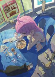 Rule 34 | 1girl, absurdres, adjusting hair, ahoge, bandaid, bandaid on leg, bare arms, bare shoulders, breasts, cat, cellphone, chair, chopsticks, cleavage, cup ramen, denim, denim shorts, egg, facial tattoo, from above, hair behind ear, hand on own ear, heart, heart tattoo, highres, holding, holding chopsticks, indoors, jhigf, large breasts, long hair, on chair, original, phone, short shorts, shorts, sitting, smartphone, solo, tank top, tattoo, white tank top, yellow eyes