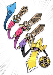 absurdres aegislash blue_eyes commentary_request creatures_(company) doublade emphasis_lines evolutionary_line fukidashi_cotton game_freak gen_6_pokemon highres holding holding_pokemon holding_shield holding_sword holding_weapon honedge nintendo no_humans one-eyed pink_eyes pokemon pokemon_(creature) pokemon_focus purple_eyes shield simple_background sword weapon white_background
