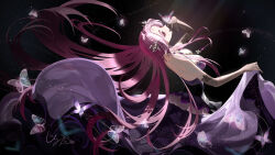 1girl black_gloves breasts bug butterfly dress elbow_gloves gloves hair_ornament highres indie_virtual_youtuber insect large_breasts leaning_back long_hair pink_hair purple_dress red_eyes scouhba_(vtuber) uyuyuun very_long_hair virtual_youtuber