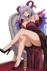 1girl absurdres alternate_costume arm_under_breasts artist_name bare_legs black_shoes breasts cleavage commentary cornelia_arnim cornelia_arnim_(cosplay) cosplay crossed_legs dress english_commentary feather_trim fire_emblem fire_emblem:_three_houses fire_emblem_heroes freyja_(fire_emblem) grey_hair high_heels highres huge_breasts lace lace-trimmed_dress lace_trim long_hair namu_(112namu) nintendo second-party_source shoes simple_background sitting solo very_long_hair white_background