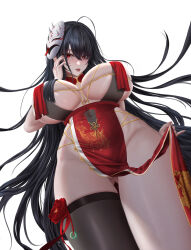 Rule 34 | 1girl, :p, absurdres, arm behind back, azur lane, black hair, blush, breasts, breasts apart, clothing aside, dress, dress aside, flower, flower thigh strap, from below, groin, hair between eyes, hand up, highres, hip focus, huge breasts, long hair, looking at viewer, looking down, mask, mask on head, mature female, no bra, no panties, pulling own clothes, pussy, pussy peek, red eyes, red flower, single bare leg, single thighhigh, solo, standing, taihou (azur lane), taihou (meta) (azur lane), thigh gap, thighhighs, thighs, tongue, tongue out, upskirt, very long hair, yuzuriha (pixiv 14248010)