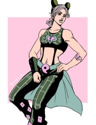 1girl butterfly_tattoo cone_hair_bun cowboy_shot double_bun green_hair green_lips grey_hair hage_tashuumi hair_bun hand_on_own_hip jojo_no_kimyou_na_bouken kuujou_jolyne magatama_buckle midriff miniskirt multicolored_hair muted_color skirt solo spider_web_print stone_ocean tattoo two-tone_hair waist_cape