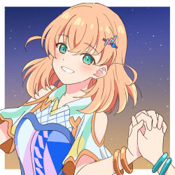 2girls aqua_eyes bangle bare_shoulders blue_dress border bracelet breasts clothing_cutout collared_dress commentary_request crossed_bangs dress genyo_yako gradient_background green_dress hair_ornament hairclip highres hinoshita_kaho holding_hands interlocked_fingers jewelry large_breasts link!_like!_love_live! looking_at_viewer love_live! medium_hair multiple_girls nogreen otomune_kozue out_of_frame outside_border pink_dress shoulder_cutout solo_focus star_(sky) starry_sky_background two_side_up upper_body virtual_youtuber white_border yuri