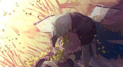 Rule 34 | 1boy, 1girl, absurdres, black jacket, coat, crying, cyrene (honkai: star rail), highres, honkai: star rail, honkai (series), jacket, kk (kkgame7733), looking at another, lying, on back, outdoors, own hands together, phainon (honkai: star rail), pink hair, purple coat, short hair, wheat field, white hair