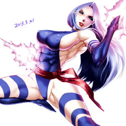 10s 1girl abs animification blue_eyes breasts covered_erect_nipples covered_navel energy_blade female_focus glowing large_breasts leotard lips lipstick long_hair makeup marvel muscular muscular_female psylocke purple_hair sash sawao sideboob simple_background solo thighhighs thong_leotard x-men