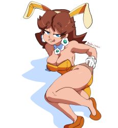 1girl absurdres animal_ears arm_support artist_name ass bare_shoulders blue_eyes breasts brown_shoes cleavage closed_mouth clothes_lift collarbone detached_collar earrings eyelashes fake_animal_ears flower_earrings gloves half-closed_eyes highres inker_comics jewelry large_breasts legs leotard leotard_lift licking_lips lips looking_at_viewer lying mario_(series) medium_hair naughty_face nintendo no_socks on_side orange_hair orange_leotard playboy_bunny princess_daisy rabbit_ears shadow shoes simple_background smile solo strapless strapless_leotard super_mario_land thick_eyebrows thick_lips thick_thighs thighs tongue tongue_out twitter_username white_background white_gloves white_neckwear