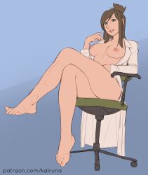 1girl absurdres ace_attorney blue_background breasts brown_hair chair coat collarbone commentary ema_skye english_commentary feet full_body highres kalruna lab_coat naked_coat nipples on_chair parted_lips patreon_username simple_background sitting solo toes watermark web_address