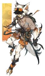1boy animal_ears artist_name backpack bag bandaid bandaid_on_leg beak belt bird_boy bird_legs bird_tail black_eyes black_gloves brown_jacket eyewear_on_head fingerless_gloves fish7163 full_body furry furry_male gloves highres holding_strap jacket looking_at_viewer male_focus orange_shorts original short_hair shorts signature simple_background solo sunglasses tail talons tassel visor_cap white_background white_hair