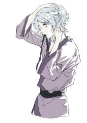 1other adjusting_hair androgynous black_ribbon black_sash blue_eyes blue_hair chinese_commentary commentary_request cropped_legs dated_commentary fingernails from_side fujiwara_no_iyozane hand_in_own_hair hand_on_own_head highres japanese_clothes jishixingle1029 kimono len&#039;en long_sleeves looking_ahead mouth_hold one_side_up other_focus purple_kimono ribbon sash simple_background solo waist_sash white_background wide_sleeves
