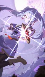 1girl absurdres black_pantyhose boots brown_boots capelet chinese_commentary commentary diffraction_spikes dress elf enoharatoki foot_out_of_frame frieren green_eyes grey_hair highres holding holding_staff knee_boots long_hair looking_at_viewer magic making-of_available pantyhose parted_lips pointy_ears solo sousou_no_frieren staff twintails white_capelet white_dress