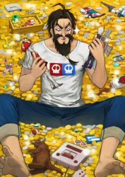 1boy b_suke barefoot beard black_eyes black_facial_hair black_hair blue_pants coin denim edward_teach_(fate) edward_teach_(final_ascension)_(fate) facial_hair fate/grand_order fate_(series) figure full_beard game_console gold holding_figure jeans leg_hair male_focus marie_antoinette_(fate) mash_kyrielight mash_kyrielight_(demi-servant) mustache official_art open_mouth otaku pants shirt short_hair short_sleeves sitting solo sparkle t-shirt third-party_source tied_beard treasure white_shirt