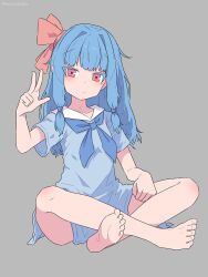 1girl barefoot blue_dress blue_hair dress feet highres knees kotonoha_aoi loli looking_at_viewer pink_eyes semicolonize soles solo toes voiceroid w