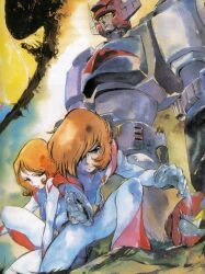 Rule 34 | 1boy, 1girl, aiming, aiming at viewer, belt, blonde hair, bodysuit, breasts, brown eyes, brown hair, closed mouth, danguard ace, gloves, grey gloves, gun, hair over one eye, handgun, helmet, highres, holding, holding gun, holding weapon, lisa kirino, looking at viewer, mecha, mecha pilot suit, medium breasts, medium hair, on one knee, one eye covered, robot, sano hirotoshi, short hair, sitting, takuma ichimonji, third-party source, wakusei robo danguard ace, weapon, white bodysuit, yellow eyes