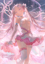 Rule 34 | 1girl, absurdres, bare shoulders, belt, breasts, center opening, collar, detached sleeves, dress, feet out of frame, floating hair, forehead, frilled sleeves, frills, hair ribbon, halterneck, highres, kayjae, layered skirt, leg ribbon, long hair, looking at viewer, original, parted lips, pink belt, pink eyes, pink hair, puffy sleeves, ribbon, see-through clothes, see-through sleeves, single thighhigh, skirt, small breasts, solo, thigh ribbon, thigh strap, thighhighs, twintails, very long hair, white collar, white dress, white thighhighs