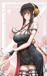 1boy 1girl absurdres bare_shoulders black_dress black_gloves black_hair black_thighhighs blood blood_on_arm blood_on_face bloody_weapon blush breasts copyright_name covered_navel dagger dress earrings engagement_ring fingerless_gloves floral_background flower glint gloves gold_earrings gold_hairband grenade_pin hair_flower hair_ornament hairband highres holding_hands jewelry knife large_breasts long_hair looking_at_another marriage_proposal out_of_frame parted_lips pink_background raised_eyebrows red_flower red_rose revision rose rose_background sidelocks skindentation solo_focus spikes spy_x_family stiletto_(weapon) taut_clothes taut_dress thighhighs thorns twilight_(spy_x_family) two-sided_dress two-sided_fabric weapon yf_(hbyg) yor_briar zettai_ryouiki