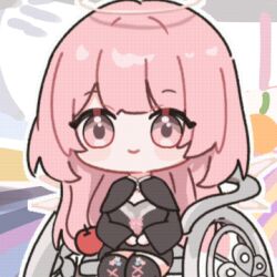 Rule 34 | 1girl, animated, animated gif, apple, arknights, black dress, black jacket, blush, boots, chibi, chibi only, clapping, detached wings, dress, energy wings, food, fruit, halo, jacket, lace-up boots, lemuen (arknights), lowres, pink eyes, pink hair, smile, solo, thigh boots, traditional halo, wheelchair, wings, xiguadudepaozhi
