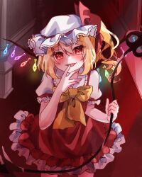 Rule 34 | absurdres, blonde hair, bow, bowtie, crystal wings, flandre scarlet, frilled hat, frilled shirt collar, frilled skirt, frilled sleeves, frills, hallway, hand up, hat, hat ribbon, highres, holding, holding weapon, laevatein (touhou), licking, licking finger, long hair, mob cap, one side up, parted lips, puffy short sleeves, puffy sleeves, red carpet, red eyes, red ribbon, red skirt, red vest, ribbon, saaaarami, shirt, short sleeves, skirt, tongue, tongue out, touhou, vest, weapon, white hat, white shirt, yellow bow, yellow bowtie