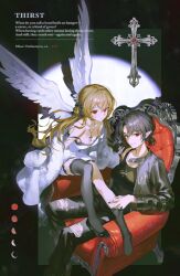 2girls angel_wings armchair asymmetrical_legwear black_bow black_hair black_jacket black_nails black_pants black_shoes black_socks black_tank_top black_thighhighs blonde_hair bow breasts chair closed_mouth coat commentary cross cross_necklace crossed_bangs dress ear_piercing english_text fang feathered_wings fingernails grin hair_between_eyes hair_bow high_heels highres jacket jewelry large_breasts leather leather_jacket long_sleeves low_ponytail misonyeo_s2 multiple_girls nail_polish necklace off_shoulder on_chair open_clothes open_coat open_jacket original pants piercing pointy_ears ponytail pumps red_eyes ring shoes short_ponytail single_shoe single_sock single_thighhigh sitting skin_fang smile socks strap_slip tank_top thighhighs torn_clothes torn_pants twitter_username uneven_legwear white_coat white_dress white_wings wings