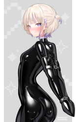 1girl absurdres armbinder arms_behind_back ass bdsm black_bodysuit blonde_hair blush bodysuit bound bound_arms breasts highres hololive latex latex_bodysuit looking_at_viewer maguro27 multicolored_hair purple_eyes purple_hair shiny_clothes skin_tight small_breasts solo todoroki_hajime two-tone_hair virtual_youtuber
