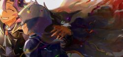 Rule 34 | 2boys, ai (yu-gi-oh!), alternate form, android, black cape, black coat, black hair, black jacket, black ribbon, border, cape, closed eyes, coat, colored bangs, dappled sunlight, dress shirt, facing another, facing to the side, fujiki yusaku, grin, hair over one eye, hand on another&#039;s shoulder, happy, head out of frame, highres, jacket, light particles, looking at another, male focus, multiple boys, novale110, one eye covered, ornate border, outdoors, outside border, ribbon, shirt, smile, smoke, spiked hair, sunlight, tearing up, white background, white shirt, wind, yu-gi-oh!, yu-gi-oh! vrains