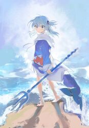 1girl absurdres barefoot blue_eyes blue_hair blue_hoodie fins fish_tail from_behind full_body gawr_gura gawr_gura_(1st_costume) highres holding holding_polearm holding_weapon hololive hololive_english hood hood_down hoodie looking_at_viewer looking_back machi_mile00 medium_hair ocean polearm shark_tail solo standing stitches tail tears trident virtual_youtuber weapon