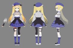Rule 34 | 1girl, artist request, black gloves, black pantyhose, blonde hair, blue footwear, blue hat, blue skirt, reference sheet, check artist, closed mouth, cropped jacket, dokibird (vtuber), dokibird (vtuber) (retro doki), dress, fingerless gloves, full body, gloves, green eyes, grey background, grey jacket, hat, highres, indie virtual youtuber, jacket, klaeia, long hair, long sleeves, multiple views, official art, open clothes, open jacket, pantyhose, simple background, single leg pantyhose, skirt, smile, twintails, virtual youtuber
