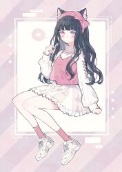 1girl absurdres animal_ear_fluff animal_ears black_hair blush bow candy cat_ears closed_mouth cross-laced_clothes cross-laced_sleeves expressionless food frilled_skirt frills full_body headband heart highres holding holding_candy holding_food holding_lollipop invisible_chair lollipop long_hair long_sleeves original pink_eyes pink_nails pink_socks pink_vest red_bow red_headband ribbed_sweater shoes sitting skirt sneakers socks solo speech_bubble spoken_heart sweater ting_(tingiiio) turtleneck turtleneck_sweater vest white_shoes white_skirt white_sweater