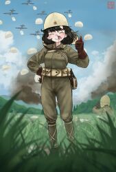 1girl 4others absurdres aircraft airplane belt black_hair blood blood_on_face brown_gloves closed_eyes collared_jumpsuit combat_helmet commentary english_commentary gloves grass grin gun handgun helmet highres holstered jumpsuit knife lollies_2020 medium_hair military_combat_uniform military_uniform missing_tooth mole mole_under_eye multiple_others nosebleed original outdoors parachute sheath sheathed smile smoke soldier solo_focus thumbs_up utility_belt war weapon zipper_pull_tab