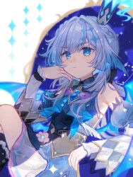 Rule 34 | 1girl, absurdres, bare shoulders, blue dress, blue eyes, blue gemstone, blue hair, brooch, cerydra (honkai: star rail), cowboy shot, crown, detached sleeves, dididi laonian ka, dress, flower, gem, hair intakes, hand on own cheek, hand on own face, hand up, highres, honkai: star rail, honkai (series), jewelry, long hair, long sleeves, looking at viewer, mini crown, pink flower, sitting, sitting on throne, solo, sparkle, white background