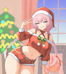1girl absurdres alternate_costume bare_shoulders belt blue_eyes braid breasts choker christmas christmas_tree commentary_request criss-cross_halter crop_top crop_top_overhang epic_seven fur-trimmed_shorts fur_trim grin halterneck hand_up hat highres konjou leaning_to_the_side long_hair looking_at_viewer midriff navel off_shoulder pink_hair red_choker red_hat red_shirt red_shorts santa_costume santa_hat shirt short_shorts shorts small_breasts smile solo stomach tenebria_(epic_seven) thighs twin_braids twintails v very_long_hair